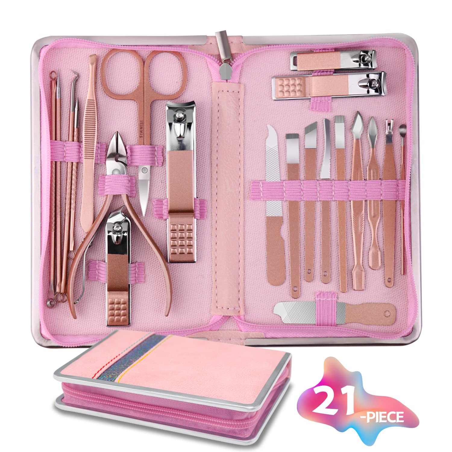 26 in 1 Manicure Set - Professional Manicure Kit Pedicure Kit, Stainless Steel Nail Clippers Set Nail Care Kit with Travel Case Pink - Image 1
